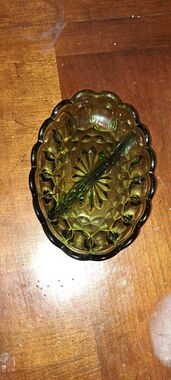 Vintage Olive Green Pressed Glass Divided Relish Dish / Candy Nut Bowl Scalloped